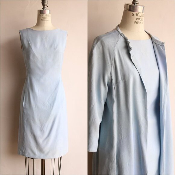 Vintage 1960s Dress with Pockets, Emma Domb Pale Blue,  Matching Jacket and Bow - Picture 1 of 10